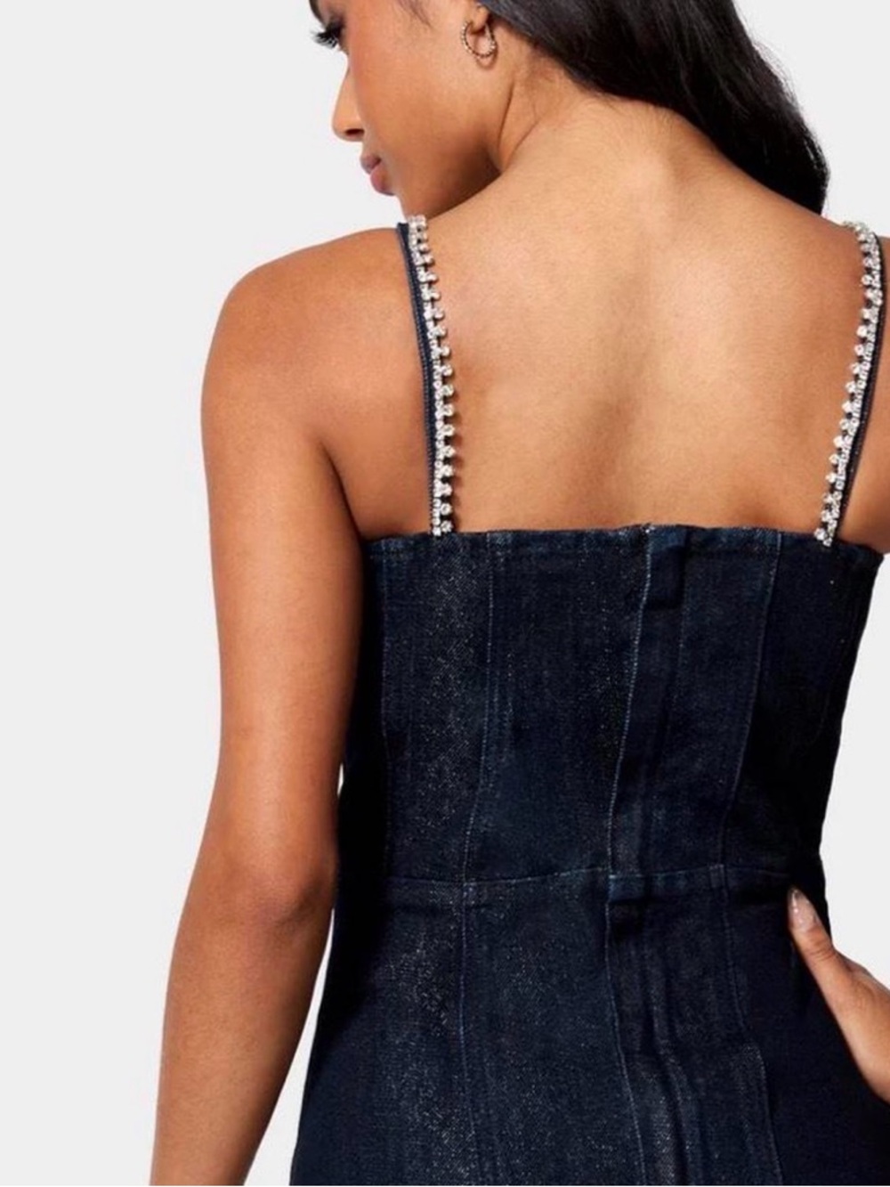 bebe Dark Blue Denim Bow Detail Rhinestone Strap Glitter Denim Dress Size 0 - Picture 4 of 8
